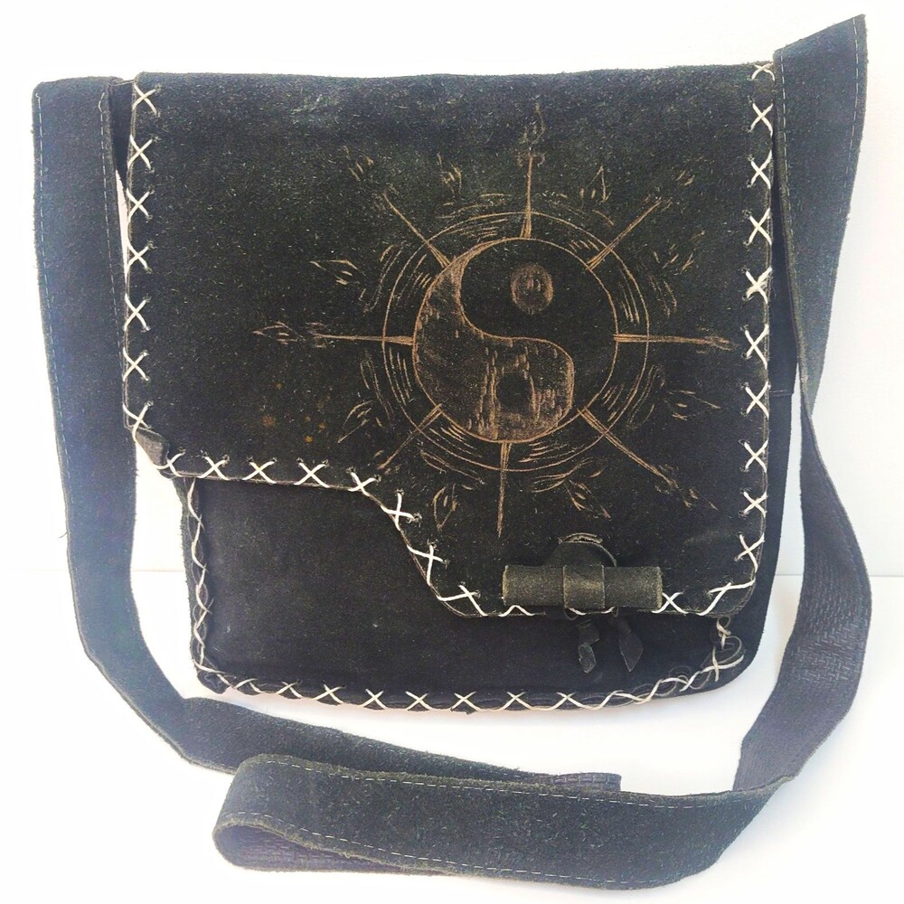 Black Suede Leather Crossbody Bag Yin Yang Handmade Boho Hippie Distressed